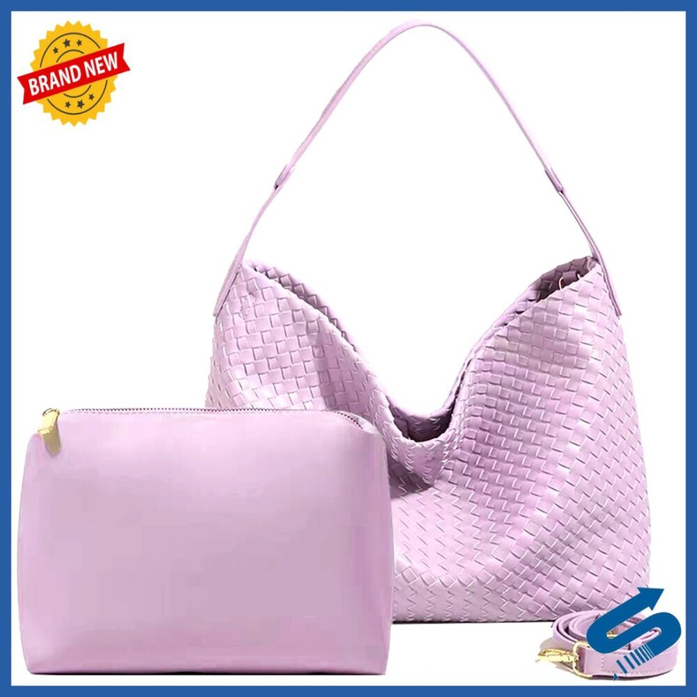 Vegan Leather Woven Tote with Clutch, Adjustable Strap, Large Capacity Bag